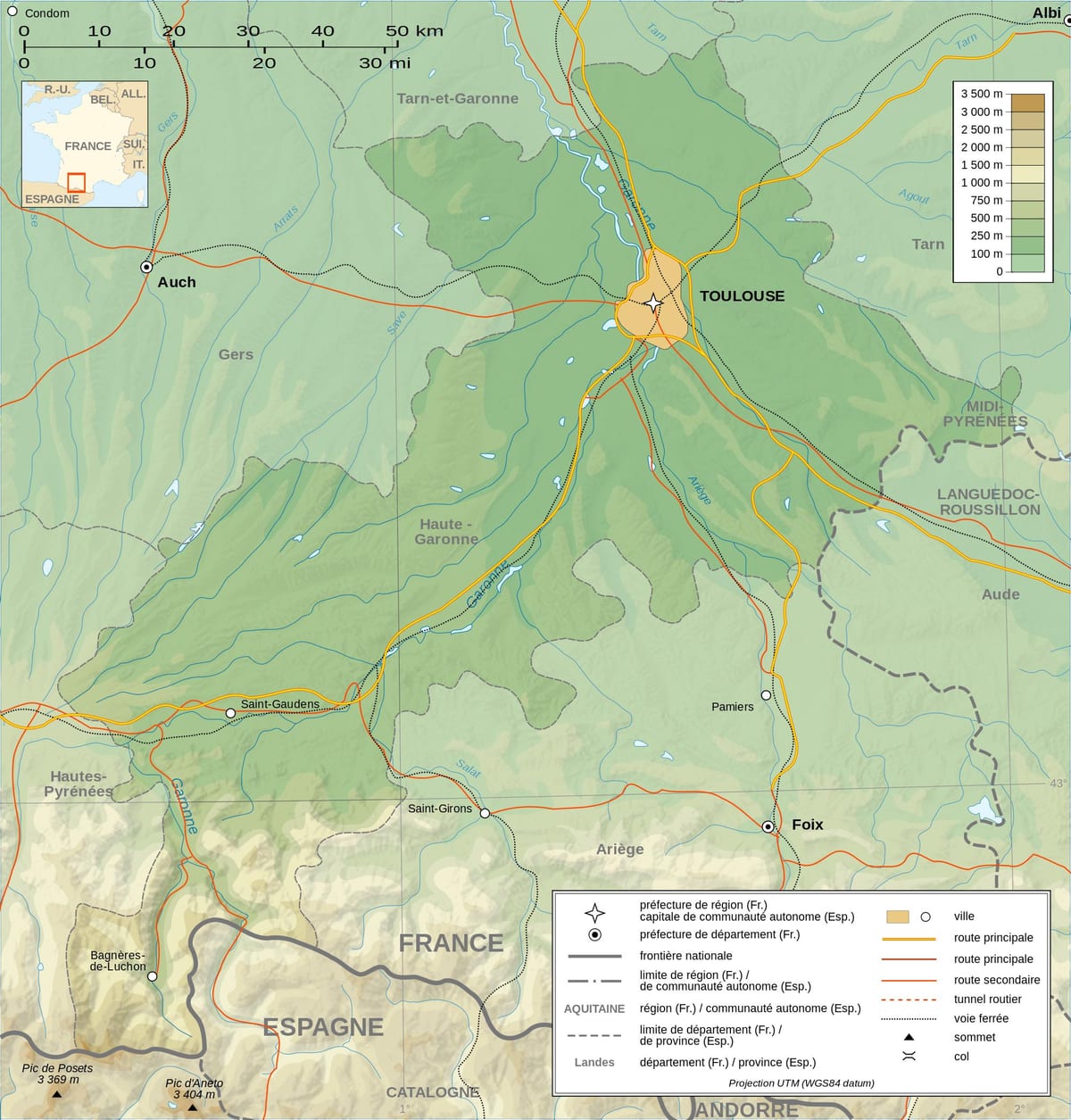 Toulouse topografik haritası